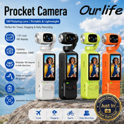 Four Pocket Camera mini action cameras in white, black, lime green, and orange, displayed on a rock with a mountain background. The image includes feature callouts and the text 'Proket Camera' and 'Our life'.