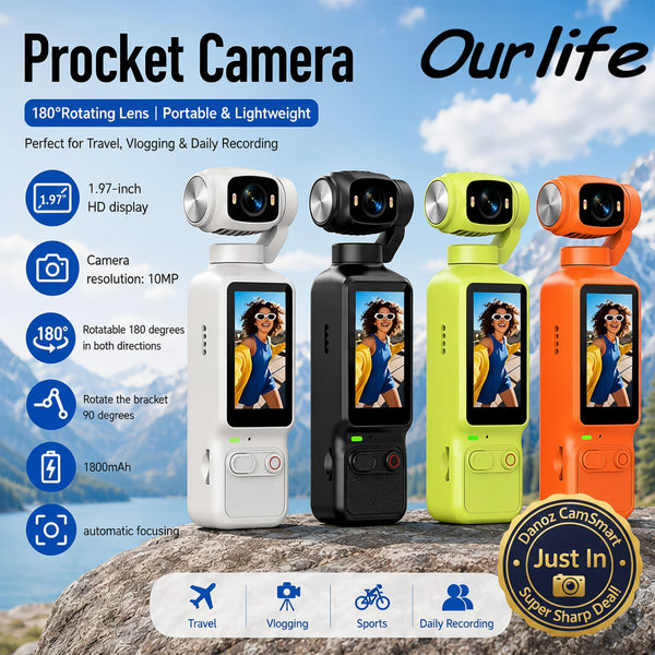 Four Pocket Camera mini action cameras in white, black, lime green, and orange, displayed on a rock with a mountain background. The image includes feature callouts and the text 'Proket Camera' and 'Our life'.