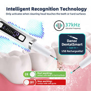 Dental cleaning tool with digital display and text about intelligent recognition technology and vibration frequency.