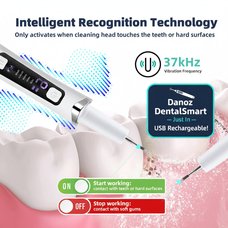 Dental cleaning tool with digital display and text about intelligent recognition technology and vibration frequency.