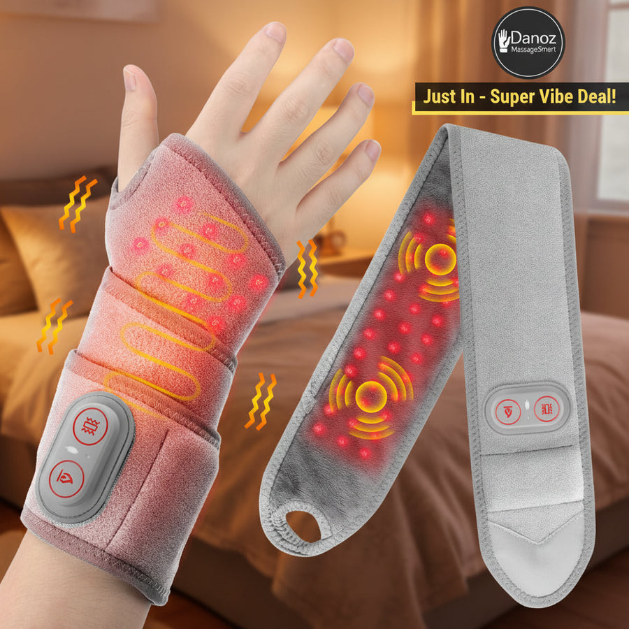 Heated wrist support with glowing red lights and control buttons on a white background