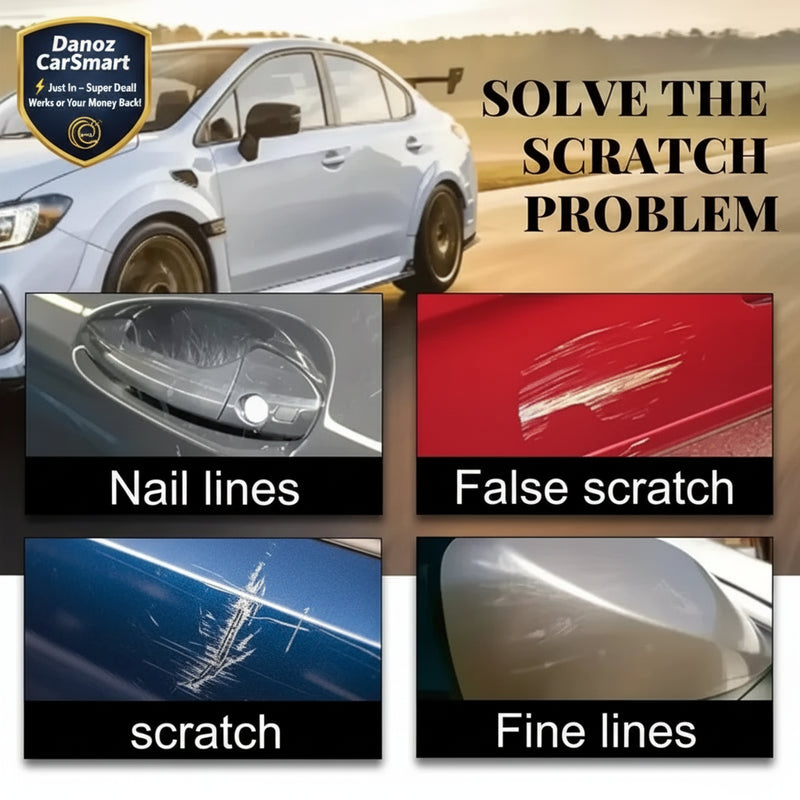 Advertisement for car scratch repair solution with images of scratches on a car.