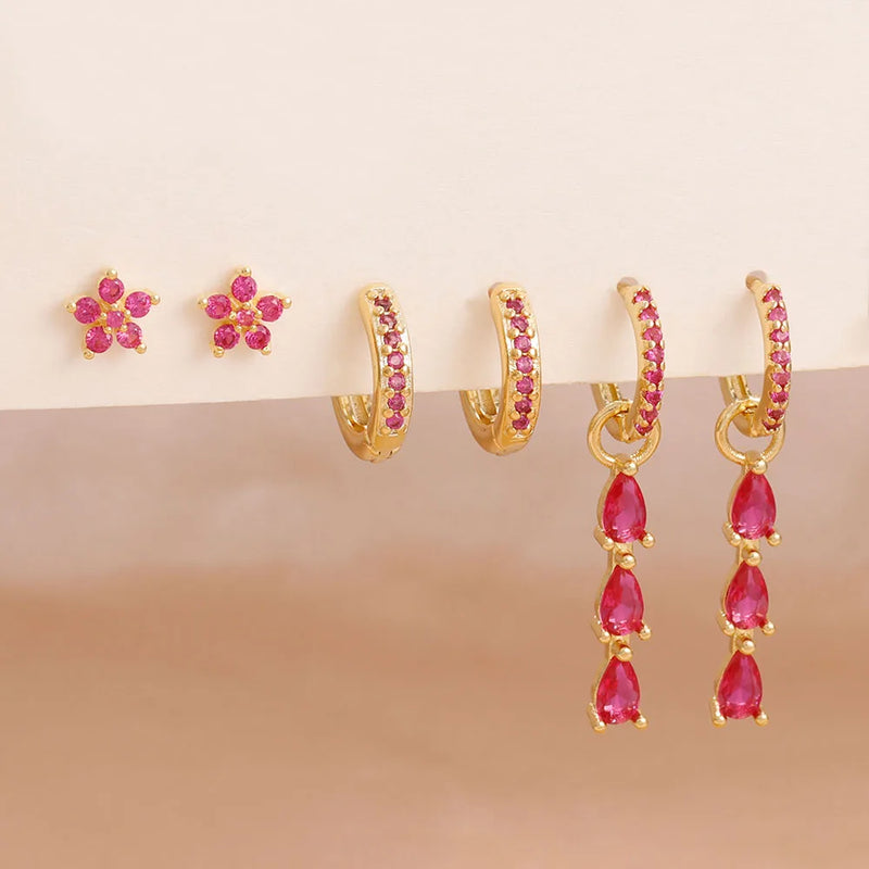 Danoz JewelrySmart - 6pcs Luxury Rose Red Zircon Stainless Steel Water Drop Hoop Earring For Women 14K Gold Plated Huggie Women's Piercing Jewelry