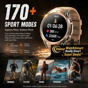 A rugged smartwatch with a beige/tan strap and silver-toned case shown prominently on a dark, action-oriented background. Large text reads '170+ SPORT MODES' with feature callouts including running, cycling, hiking, swimming, and yoga.