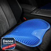 Blue seat cushion with honeycomb pattern on a car seat