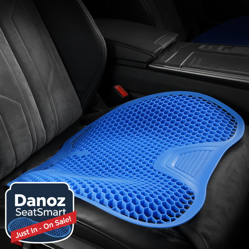 Blue seat cushion with honeycomb pattern on a car seat