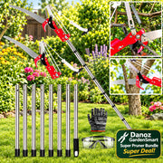 Telescopic pruning saw with additional parts and safety gear on a white background