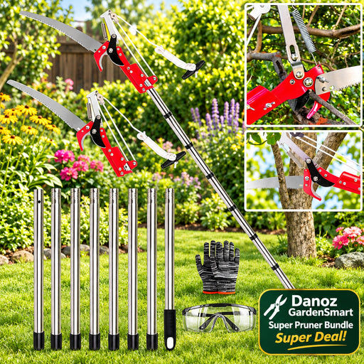 Telescopic pruning saw with additional parts and safety gear on a white background