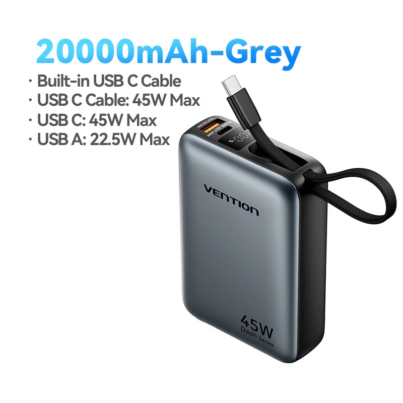 ⚡ Danoz PowerSmart | Vention 45W Power Bank | 20000mAh | Built-in USB-C Cable & Lanyard | 3-Port | 3C/CE/FCC/RoHS | iPhone & Samsung | Gray & Beige