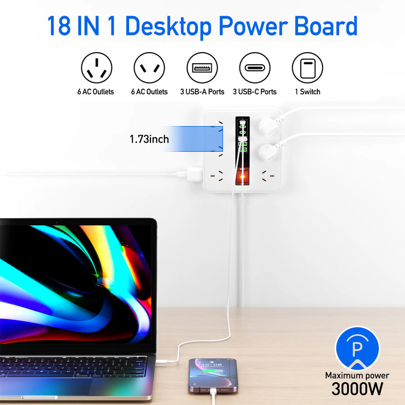 Danoz PowerSmart - The Power Board That Does It ALL! 18 Devices at Once, 12 Outlets + 6 USB Ports, Surge Protected, AU Plug 🔌