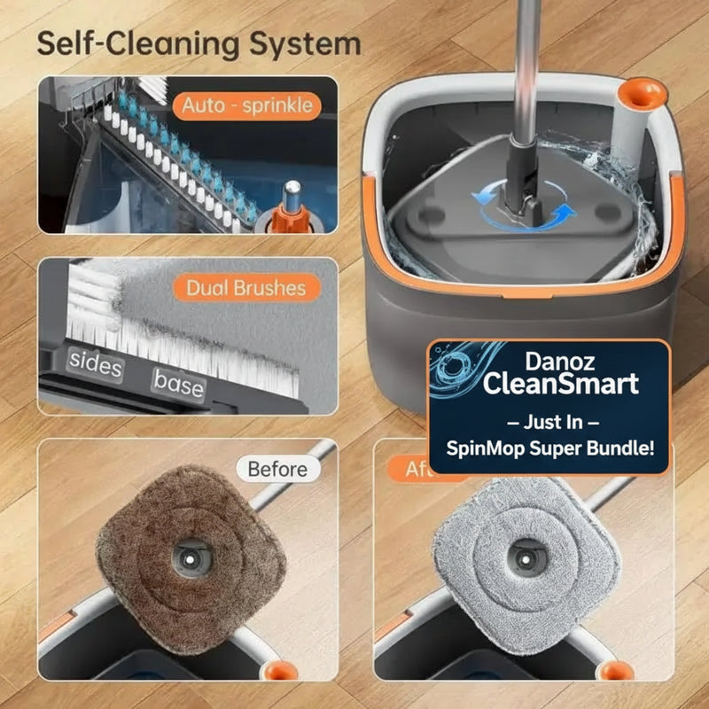 🧹 Danoz CleanSmart | SpinClean Mop with Bucket | Self-Cleaning | Hand-Free | 360° Rotatable | 2 Washable Pads | Multi-Surface Cleaning