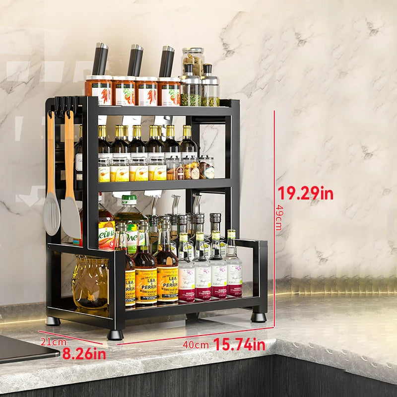 Danoz StoreSmart - 2-3 Tier Adjustable Metal Spice Rack Storage Box, Freestanding Multifunctional Kitchen Storage Rack, with Spice Protection and Fixing Device, Kitchen Organizer and Storage, Sturdy Rack/Hook Structure, Knife