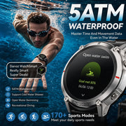 Rugged silver smartwatch with a black strap shown underwater next to a swimmer wearing a black watch. The image features text highlighting '5ATM WATERPROOF' features, 'Master Time And Movement Data Even In The Water', and 'RUGGED' branding on the watch bezel.