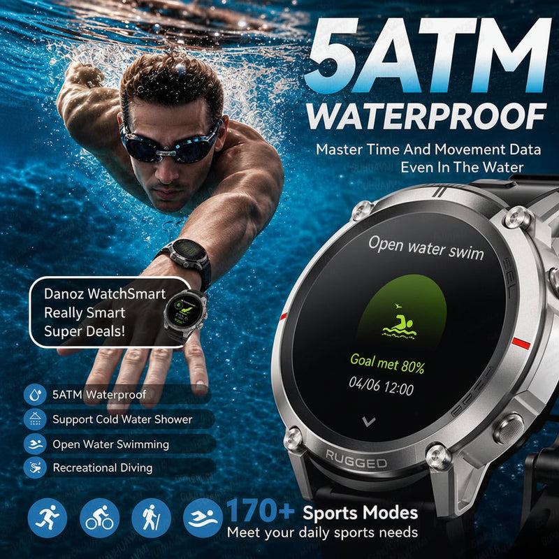 Rugged silver smartwatch with a black strap shown underwater next to a swimmer wearing a black watch. The image features text highlighting '5ATM WATERPROOF' features, 'Master Time And Movement Data Even In The Water', and 'RUGGED' branding on the watch bezel.
