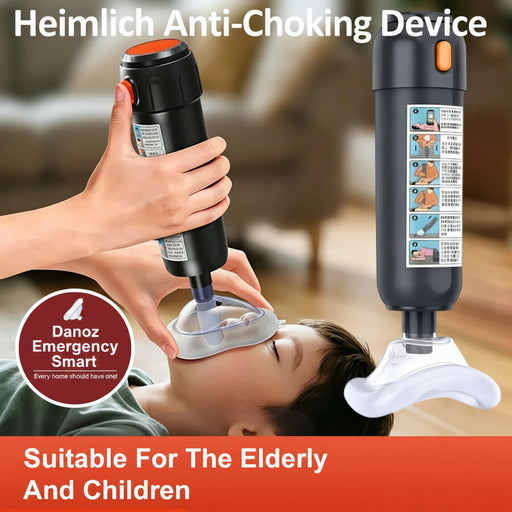 Anti-choking emergency device shown being used by an adult on a child, with a second view of the device and mask sizes. Text reads 'Heimlich Anti-Choking Device' and 'Suitable For The Elderly And Children'.