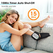 Woman using a leg massager with a 15-minute timer on a couch.