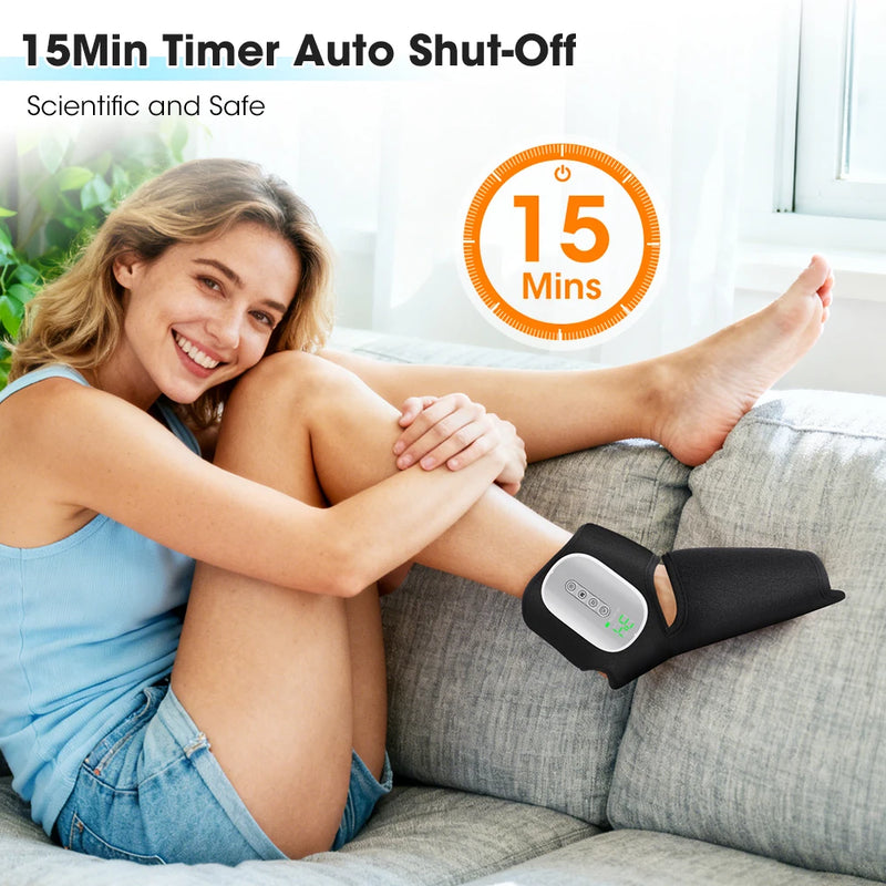 Woman using a leg massager with a 15-minute timer on a couch.
