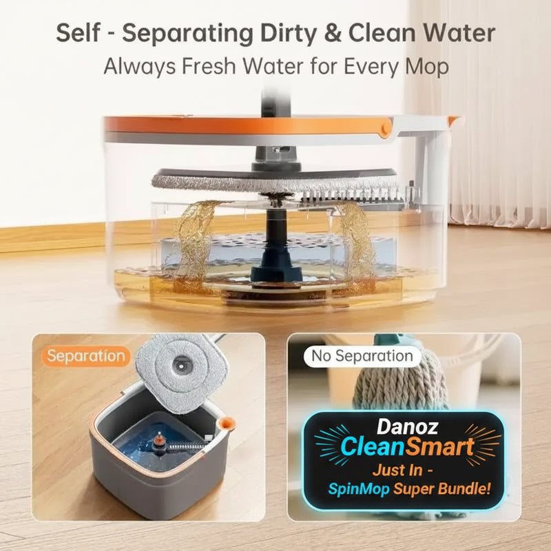🧹 Danoz CleanSmart | SpinClean Mop with Bucket | Self-Cleaning | Hand-Free | 360° Rotatable | 2 Washable Pads | Multi-Surface Cleaning