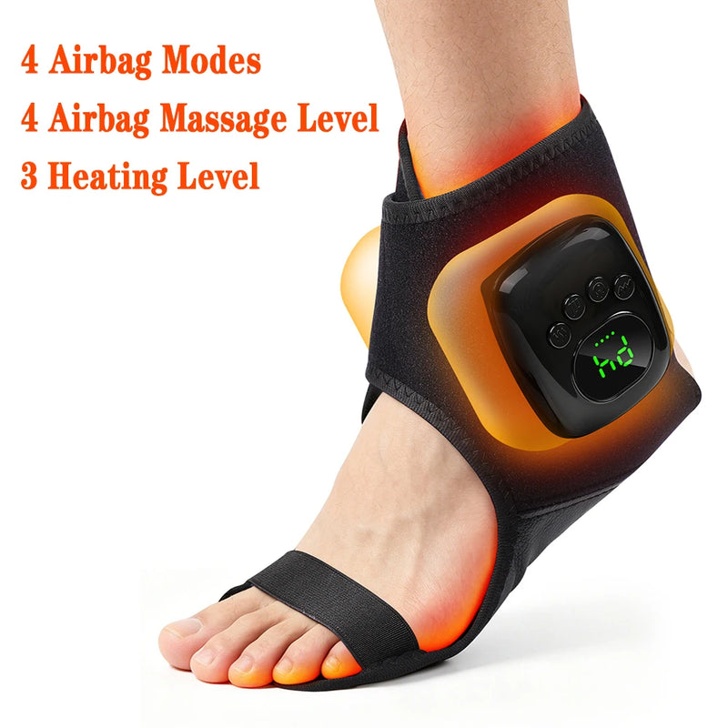 A black foot and ankle heating pad shown on a person's foot against a white background, with orange glow effects indicating heat and red text listing features: 4 Airbag Modes, 4 Airbag Massage Level, 3 Heating Level.