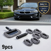 Set of 9 car cleaning tools with gray covers on a white background