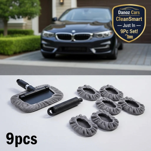 Set of 9 car cleaning tools with gray covers on a white background