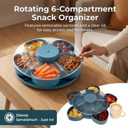 Blue rotating 6-compartment snack organizer with snacks on a wooden table.