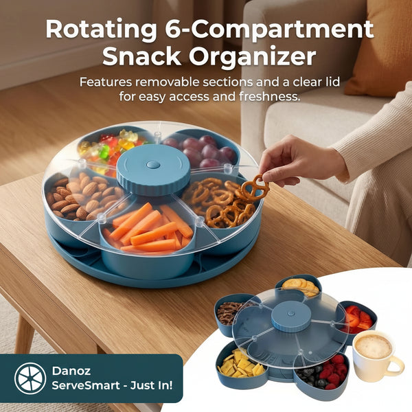 Blue rotating 6-compartment snack organizer with snacks on a wooden table.