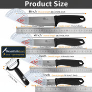 Product size chart showing four different lengths of a kitchen peeler and slicer set, each with a protractor diagram indicating blade and handle measurements in centimeters and inches.