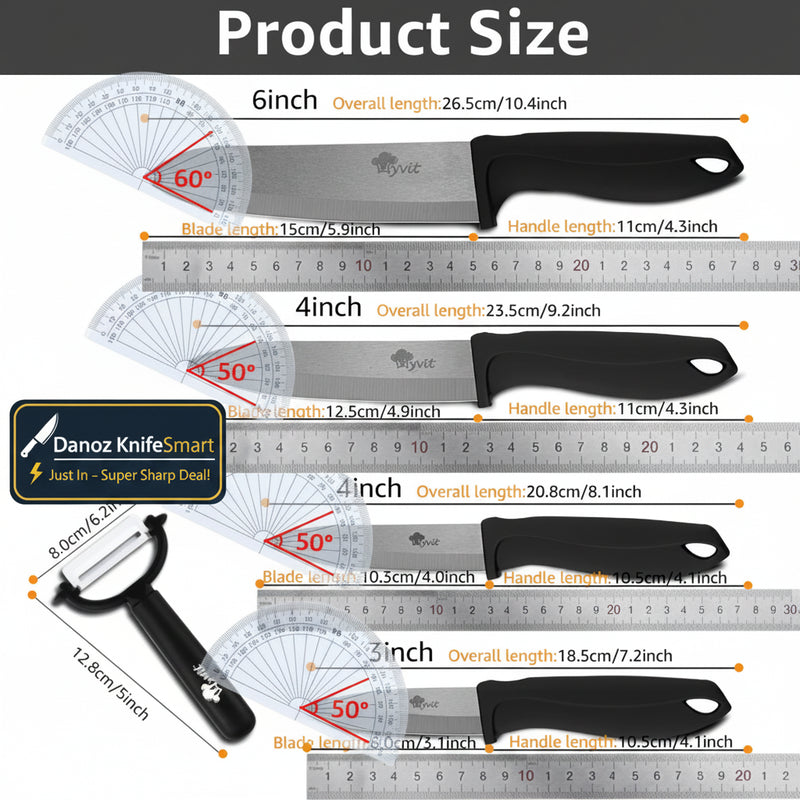 Product size chart showing four different lengths of a kitchen peeler and slicer set, each with a protractor diagram indicating blade and handle measurements in centimeters and inches.