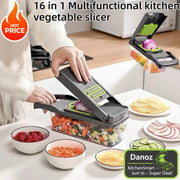 Multifunctional kitchen vegetable slicer with sliced vegetables on a table