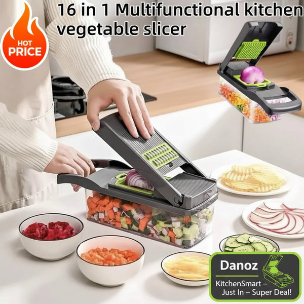 Multifunctional kitchen vegetable slicer with sliced vegetables on a table