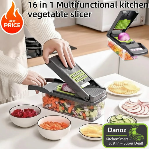 Multifunctional kitchen vegetable slicer with sliced vegetables on a table