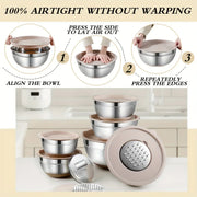 Set of stainless steel bowls with airtight lids on a kitchen counter, showing assembly instructions.