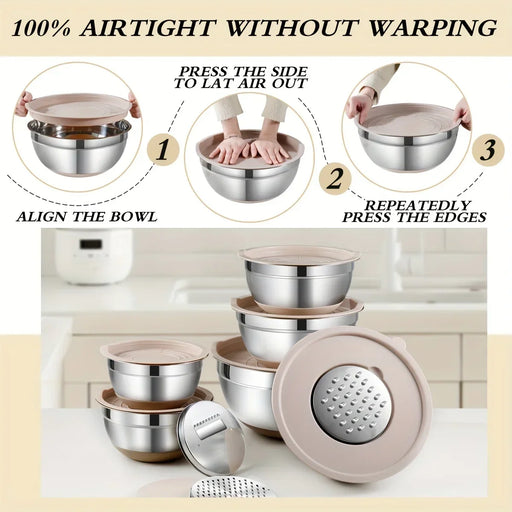 Set of stainless steel bowls with airtight lids on a kitchen counter, showing assembly instructions.