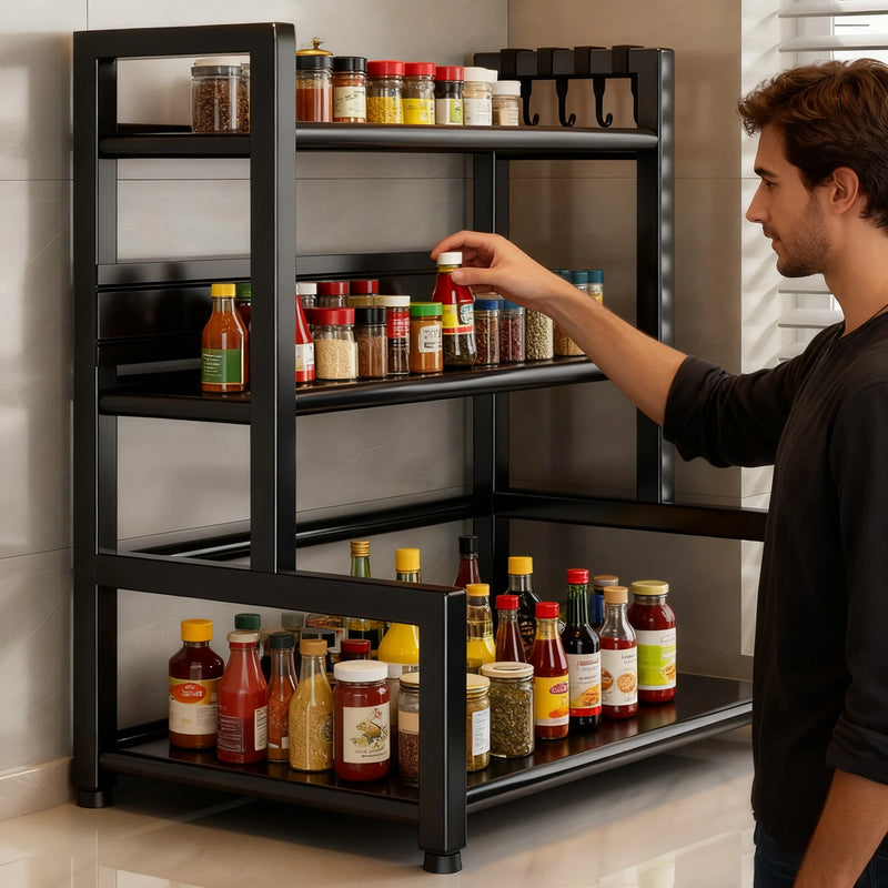 Danoz StoreSmart - 2-3 Tier Adjustable Metal Spice Rack Storage Box, Freestanding Multifunctional Kitchen Storage Rack, with Spice Protection and Fixing Device, Kitchen Organizer and Storage, Sturdy Rack/Hook Structure, Knife