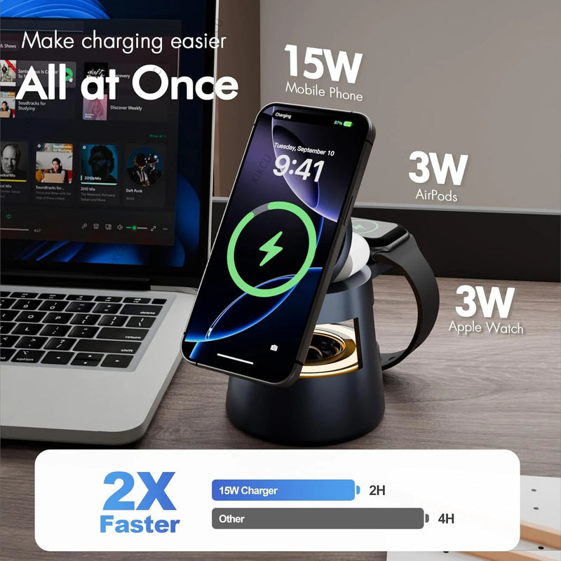 Danoz Phones - 5 in 1 Wireless Charger & Bluetooth Speaker & Night Light For Magsafe iPhone 17 16 15 14 13 12 Pro Max iWatch 11~2 AirPods Pro3