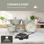 Set of ceramic cookware with lids and kitchen tools on a white background, featuring the brand 'Donner'.