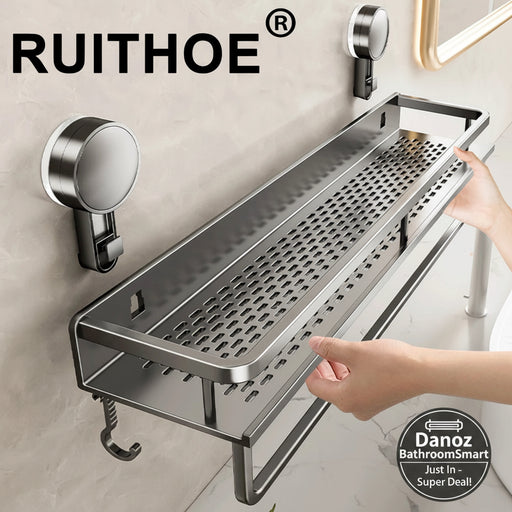 Stainless steel wall-mounted shelf with shower head holder on a tiled bathroom wall, featuring the brand 'RUITHOE'.