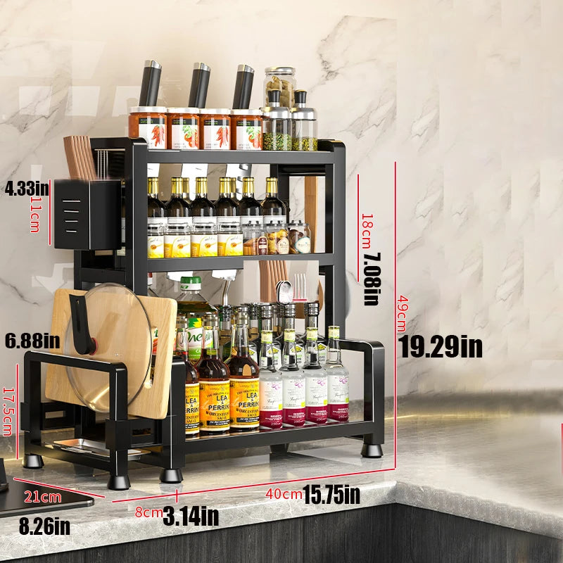 Danoz StoreSmart - 2-3 Tier Adjustable Metal Spice Rack Storage Box, Freestanding Multifunctional Kitchen Storage Rack, with Spice Protection and Fixing Device, Kitchen Organizer and Storage, Sturdy Rack/Hook Structure, Knife