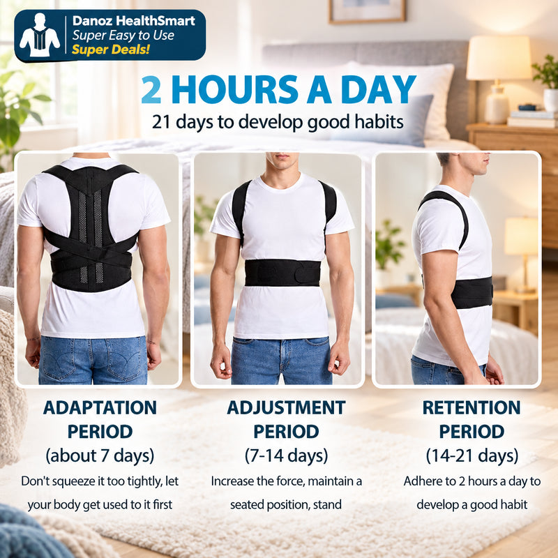Posture corrector worn by a person with text on adaptation, adjustment, and retention periods.