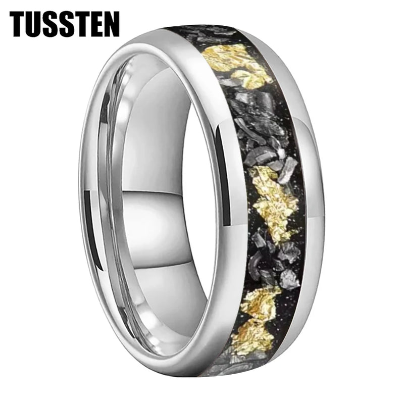 Danoz SmartRings - TUSSTEN 4/6/8MM Dome Edges Men and Women Fashion Engagement Wedding Band Meteorite Gold Foil Inlay Tungsten Carbide Rings