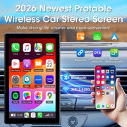 2026 Newest Portable Wireless Car Stereo Screen with smartphone display and car interior background