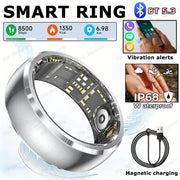 Smart ring with digital display and features like Bluetooth 5.3, steps, calories, and distance on a white background.