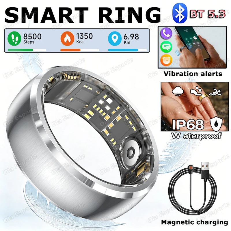 Smart ring with digital display and features like Bluetooth 5.3, steps, calories, and distance on a white background.