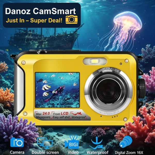 Yellow waterproof digital camera with a large lens and LCD screen, shown against an underwater coral reef background with a ship and jellyfish. Text overlays highlight features like camera, double screen, video, waterproof, and digital zoom 16X.