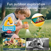 Child outdoors with a toy water gun, surrounded by nature, with text about outdoor exploration and phone addiction.