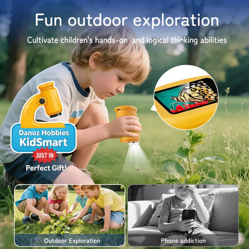 Child outdoors with a toy water gun, surrounded by nature, with text about outdoor exploration and phone addiction.