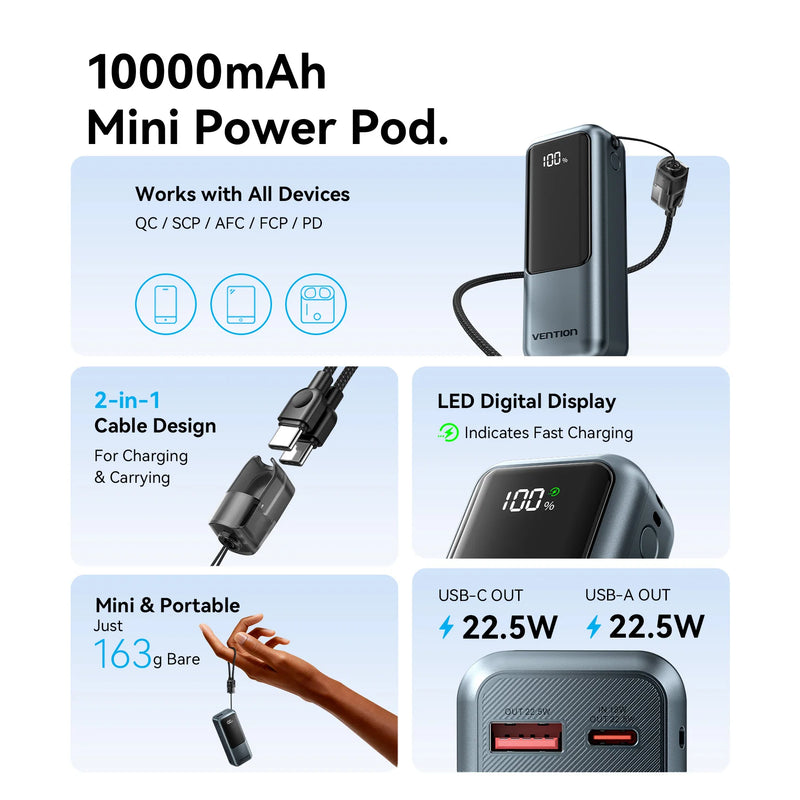 Danoz PowerSmart - Vention 10000mAh Mini Power Bank 22.5w Portable Charger Built-in USB C Cable PD 3.0 Fast Charging for iPhone 17 Samsung S25 S24 and others