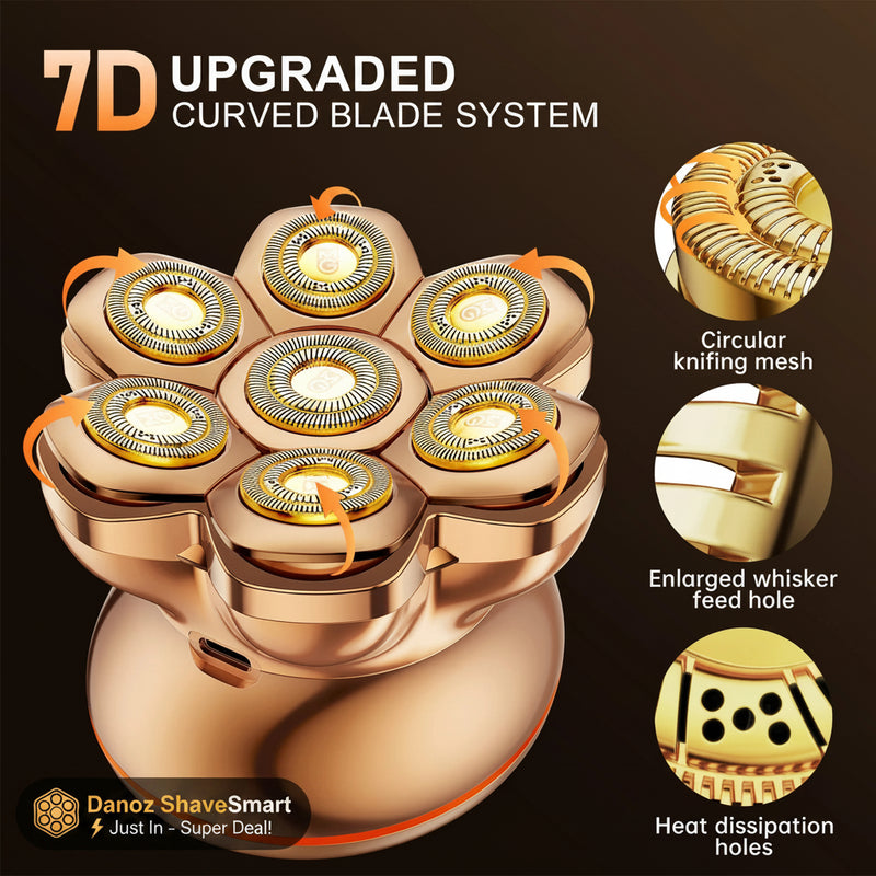 7D upgraded curved blade system with detailed features on a dark background