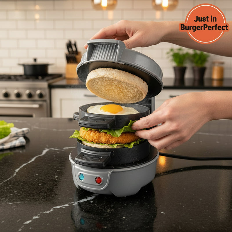 Danoz Direct BurgerPerfect - 3-in-1 Hamburger, breakfast machine frying eggs baking bread DIY burger maker - Just arrived!